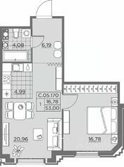 ЖК «Alter», планировка 1-комнатной квартиры, 53.40 м²
