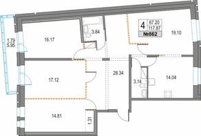 ЖК «Приморский квартал», планировка 4-комнатной квартиры, 117.87 м²