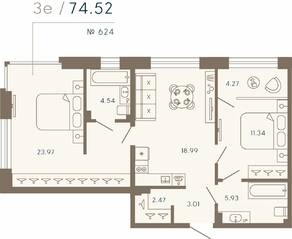 Апарт-комплекс «17/33 Петровский остров», планировка 2-комнатной квартиры, 74.52 м²