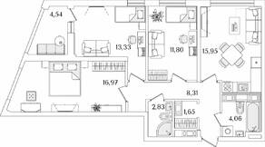 ЖК «Лайнеръ», планировка 3-комнатной квартиры, 77.17 м²