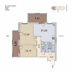 ЖК «Loft у озера», планировка 2-комнатной квартиры, 72.40 м²