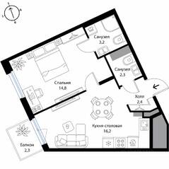 МЖК «Экография», планировка 1-комнатной квартиры, 39.60 м²