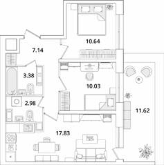 ЖК «БелАрт», планировка 2-комнатной квартиры, 55.49 м²