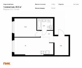 ЖК «Кудровский парк», планировка 1-комнатной квартиры, 39.20 м²