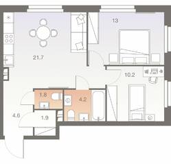 ЖК «Twelve», планировка 3-комнатной квартиры, 57.40 м²