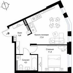 МЖК «Экография», планировка 1-комнатной квартиры, 39.50 м²