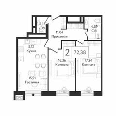 ЖК «Dream Towers», планировка 2-комнатной квартиры, 72.39 м²