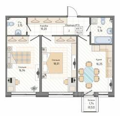 ЖК «Мануфактура James Beck», планировка 2-комнатной квартиры, 70.23 м²