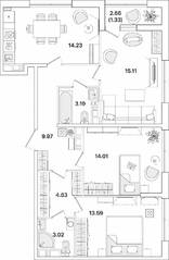 ЖК «Академик», планировка 3-комнатной квартиры, 79.28 м²
