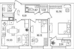 ЖК «БелАрт», планировка 2-комнатной квартиры, 56.35 м²