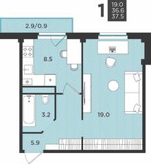 МЖК «Новокасимово», планировка 1-комнатной квартиры, 37.50 м²