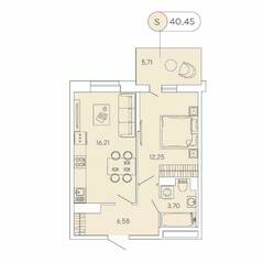 ЖК «Аквилон Stories», планировка 1-комнатной квартиры, 40.45 м²