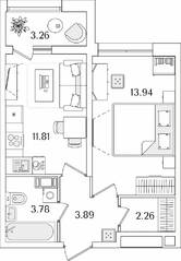 ЖК «БелАрт», планировка 1-комнатной квартиры, 37.31 м²
