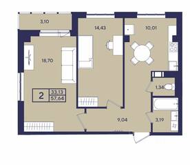 ЖК «Port», планировка 2-комнатной квартиры, 57.60 м²