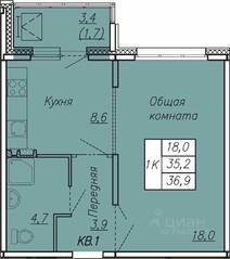 ЖК «Сибирь», планировка 1-комнатной квартиры, 36.90 м²