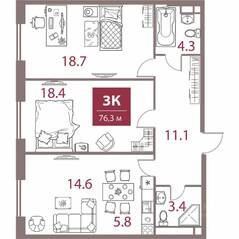 ЖК «Legacy», планировка 3-комнатной квартиры, 76.30 м²