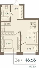 Апарт-комплекс «17/33 Петровский остров», планировка 1-комнатной квартиры, 46.66 м²