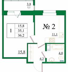 ЖК «Орловский бульвар», планировка 1-комнатной квартиры, 36.20 м²
