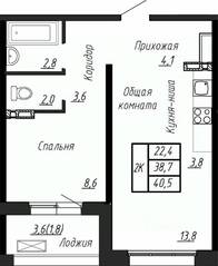ЖК «Сибирь», планировка 2-комнатной квартиры, 40.50 м²