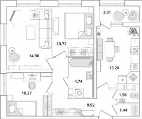 ЖК «БелАрт», планировка 3-комнатной квартиры, 68.41 м²