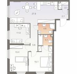 ЖК «Twelve», планировка 4-комнатной квартиры, 86.50 м²