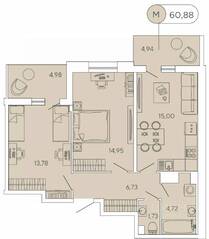 ЖК «Аквилон Stories», планировка 2-комнатной квартиры, 60.88 м²