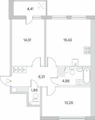 ЖК «Ясно. Янино», планировка 2-комнатной квартиры, 63.94 м²