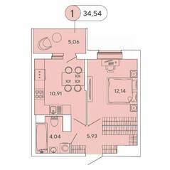 ЖК «Аквилон Stories», планировка 1-комнатной квартиры, 34.54 м²