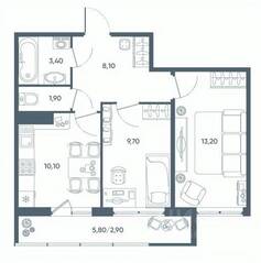 ЖК «Геометрия» (Кудрово), планировка 2-комнатной квартиры, 46.20 м²