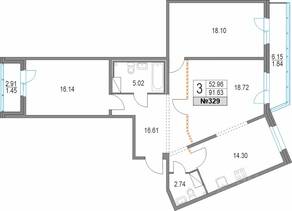 ЖК «Приморский квартал», планировка 3-комнатной квартиры, 91.63 м²