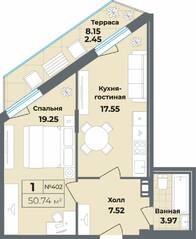 Апарт-комплекс «Лиговский, 127», планировка 1-комнатной квартиры, 50.74 м²