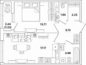 ЖК «Академик», планировка 1-комнатной квартиры, 45.07 м²