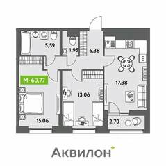 ЖК «Аквилон Leaves», планировка 2-комнатной квартиры, 60.77 м²