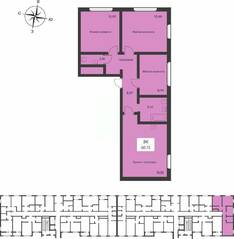 ЖК «Расцветай в Янино», планировка 3-комнатной квартиры, 68.72 м²