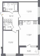 ЖК «Б15», планировка 2-комнатной квартиры, 62.40 м²
