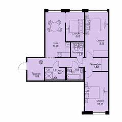 ЖК «ID Кудрово», планировка 3-комнатной квартиры, 76.45 м²