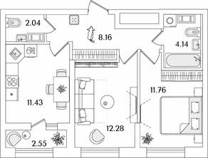 ЖК «БелАрт», планировка 2-комнатной квартиры, 51.09 м²
