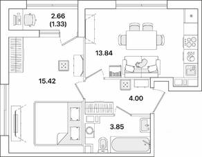 ЖК «Академик», планировка 1-комнатной квартиры, 38.44 м²