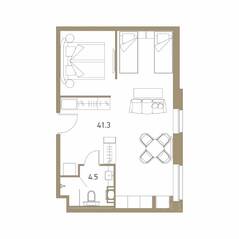 Апарт-комплекс «VIDI», планировка 2-комнатной квартиры, 46.10 м²