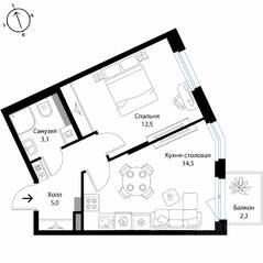 МЖК «Экография», планировка 1-комнатной квартиры, 35.80 м²