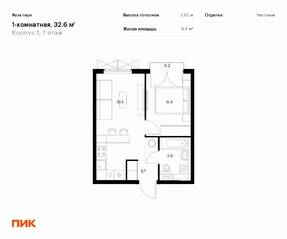 ЖК «Яуза парк (ПИК)», планировка 1-комнатной квартиры, 32.60 м²