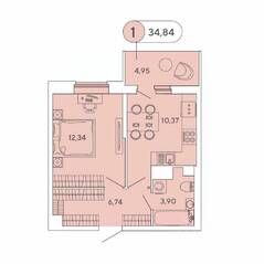 ЖК «Аквилон Stories», планировка 1-комнатной квартиры, 34.84 м²