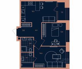 ЖК «ERA», планировка 3-комнатной квартиры, 60.50 м²