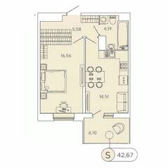 ЖК «Аквилон Stories», планировка 1-комнатной квартиры, 42.67 м²