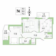 ЖК «Lotos Club», планировка 2-комнатной квартиры, 74.20 м²
