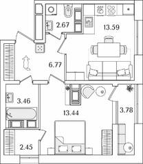ЖК «БелАрт», планировка 1-комнатной квартиры, 44.27 м²
