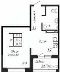 ЖК «Сибирь», планировка 1-комнатной квартиры, 34.00 м²