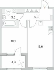 ЖК «Югтаун. Олимпийские кварталы», планировка 1-комнатной квартиры, 38.25 м²