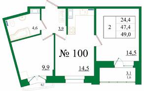 ЖК «Орловский бульвар», планировка 2-комнатной квартиры, 49.00 м²