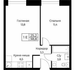 Апарт-комплекс «Aist Residence», планировка 1-комнатной квартиры, 38.80 м²